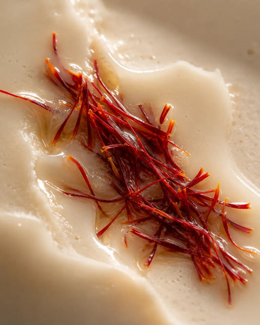 Close-up of saffron threads resting on a creamy surface