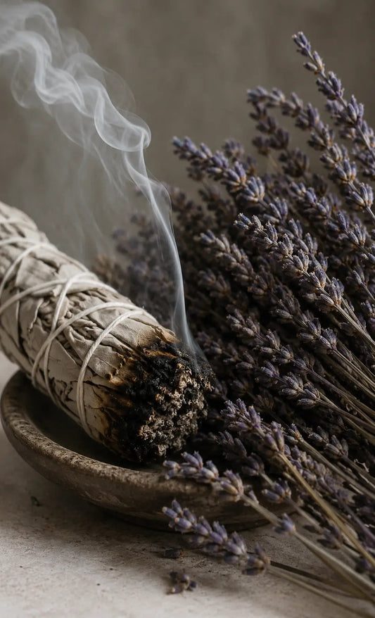 Smoldering white sage bundle beside dried lavender