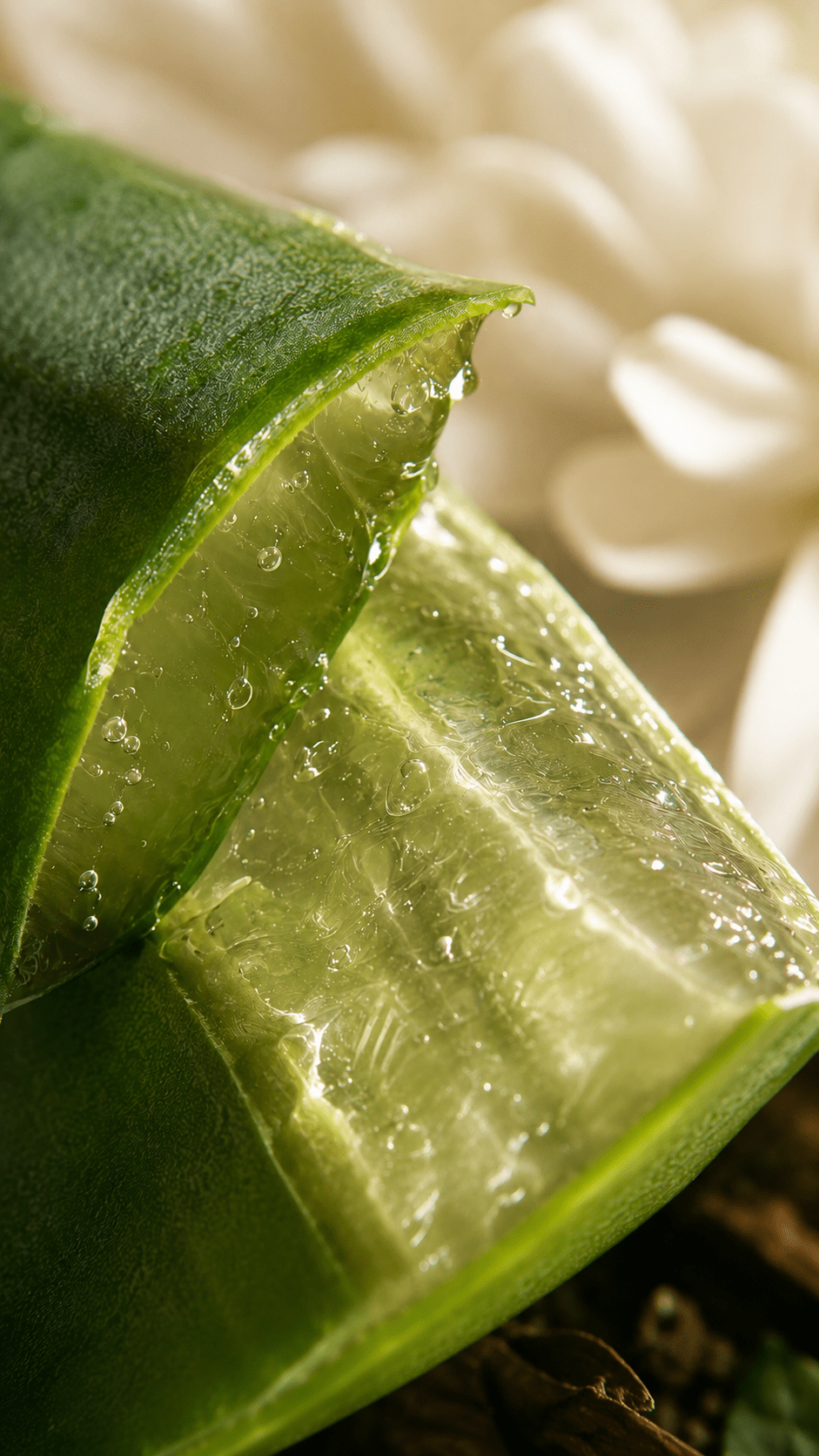 Close-up of fresh aloe leaf and gel